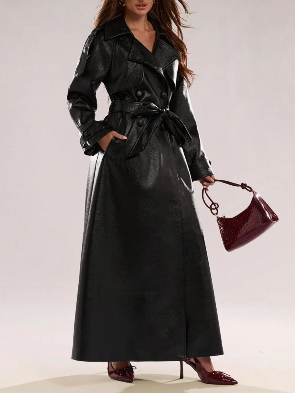 Black Women's Casual Women's Lapel Neck Pocket Belted Trench coat - Picture 3 of 7